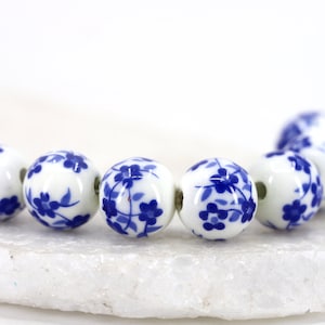 12mm Flower Painted Ceramic Beads, 10pcs Round Floral Ceramic Beads