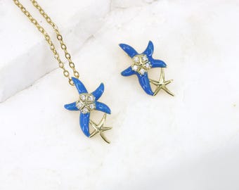 Stainless Steel Enamel Blue Starfish Pendant, Sea Life Jewelry Making Supply, Beach Theme Necklace Component 1 pc