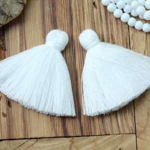 2 pcs White Cotton Tassels, 3cm 4cm 5cm 6cm Thick Handmade Mala Tassel Trim, Bohemian Jewelry Tassels, Decorative Throw Tassels / TAS-L#14