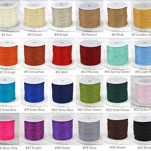 May include: Thirty-two spools of waxed cotton cord in a variety of colours, including white, cream, beige, peanut, mink, golden yellow, yellow, neon orange, orange, cinnamon, red, maroon, spring green, light blue, cyan blue, turquoise, dark blue, saxe blue, navy blue, olive green, dark green, baby pink, light pink, pink, neon pink, purple, violet, grey, brown, black, and rainbow.