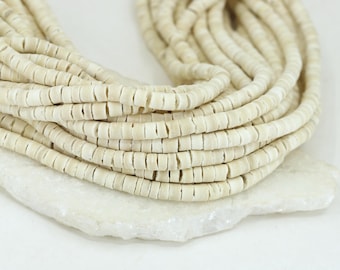 Cuentas Heishi de coco natural, tira de 5,5 mm a 40 cm, discos orgánicos de color blanco crema para joyería.