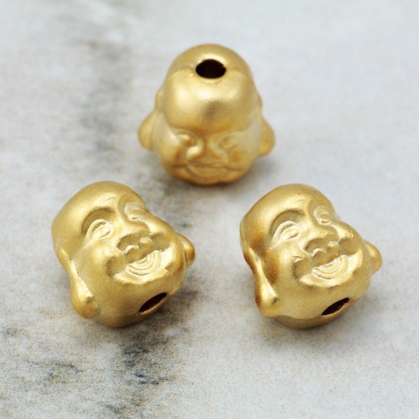 Gold Plated Buddha Charm, 10mm Metal Laughing Buddha Head Bead 5 pcs / GPY-145