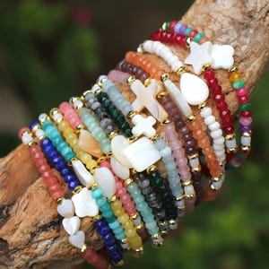 Elastic Shell Bracelets, Faceted Agate Stretch Stacking Bracelets / Please ask for wholesale prices