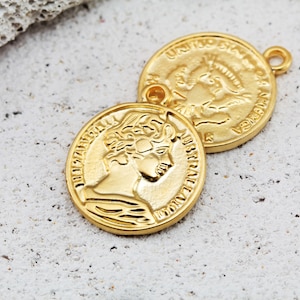 26mm Old Coin Pendants, Matte/Shiny Gold Plated Metal Replica Coins 2 pcs / GPY-519