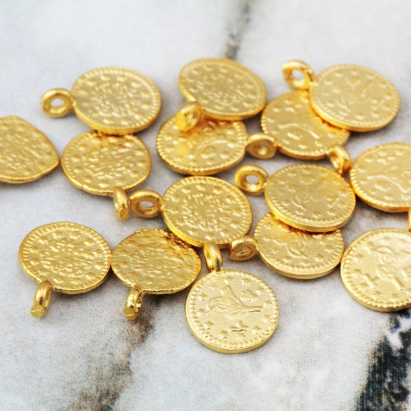 10mm Old Coin Charms, Matte Gold/Antique Silver Plated Brass Replica Ottoman Coins 15 pcs / GPY-461