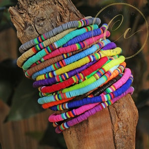 4mm Elastic Heishi Bracelets, Colorful Bohemian Bracelets, African Vinyl Disc Beads Bracelet, Stretch Surfer Bracelet / HBB401