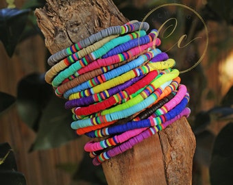 4mm Elastic Heishi Bracelets, Colorful Bohemian Bracelets, African Vinyl Disc Beads Bracelet, Stretch Surfer Bracelet / HBB401
