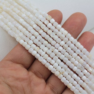 3mm Mini Barrel Shell Beads, Tiny Cube Mother Of Pearl Beads, White / GLC-07