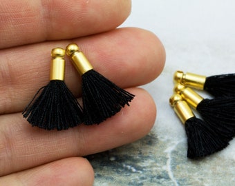 2cm Black Mini Cotton Tassel with Gold Cap, 2pcs Craft Trim Supplies / T20GRC#18