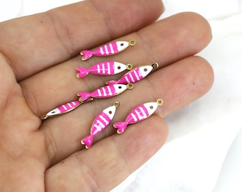 2 pcs Stainless Steel Colorful Tiny Fish Pendant, 20mm Enamel Ocean Charm with Gold Edge, Nautical Jewelry Making Supplies
