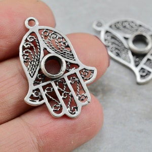 Antique Silver Plated Filigree Hamsa Pendant, 29mm Brass Fatima Hand Charm 4 pcs