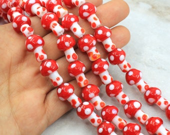 16mm Glass Mushroom Beads, Lampwork Red Mushroom Charms 10 pcs / GBFM-8