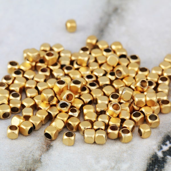 Gold Plated Cube Spacer Bead, 2mm Brass Mini Cube Bead 25 pcs / GPY-422