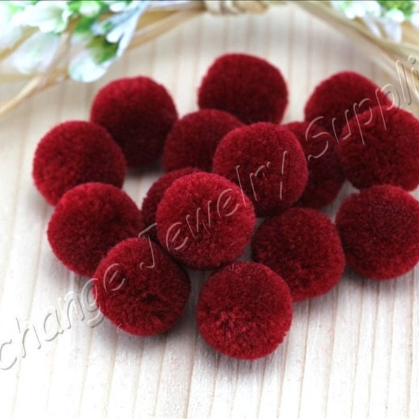 Maroon Craft Pompom Trim, 15mm Ball Round Cotton Handmade Pompoms with Jump Ring 10 pcs / CPM-07