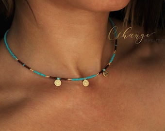 Gold Old Coin Necklace, Dainty Seed Bead Choker | SBN-07