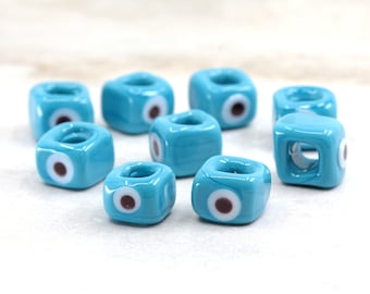 Glass Cube Evil Eye Beads, Large Hole Turquoise Blue Nazar Beads (10mmx9mm) 2 pcs