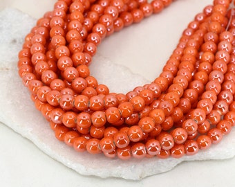 8mm Ceramic Orange Round Ball Beads Strand, 1 Full Strand 40 pcs, Shiny Dyed Earthenware Beads / CRB8-2