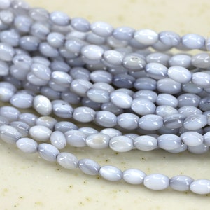 Può includere: Un filo di perline ovali in conchiglia di colore grigio chiaro. Le perline hanno una finitura leggermente iridescente.