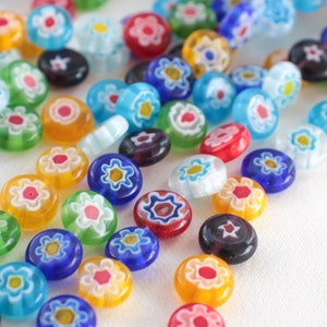 10mm Flat Round Murano Style Millefiori Flower Glass Beads / GBFM-1