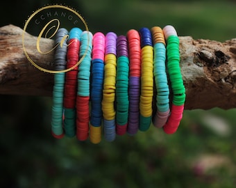 6mm Colorful Heishi Beads Bracelets, Elastic Bohemian Bracelets, African Vinyl Disc Beads Bracelet, Stretch Surfer Bracelet / HBB602