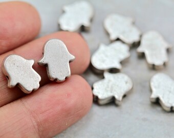 Antique Silver Plated Hamsa Charm, 13mm Metal Fatima Hand Bead Charm 5 pcs