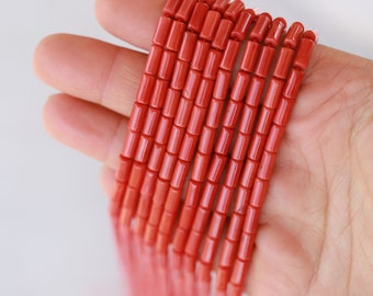 4x8mm Bright Red Coral Mini Tube Beads, 1 Strand 16" Inches 50 pcs / CRL-R13