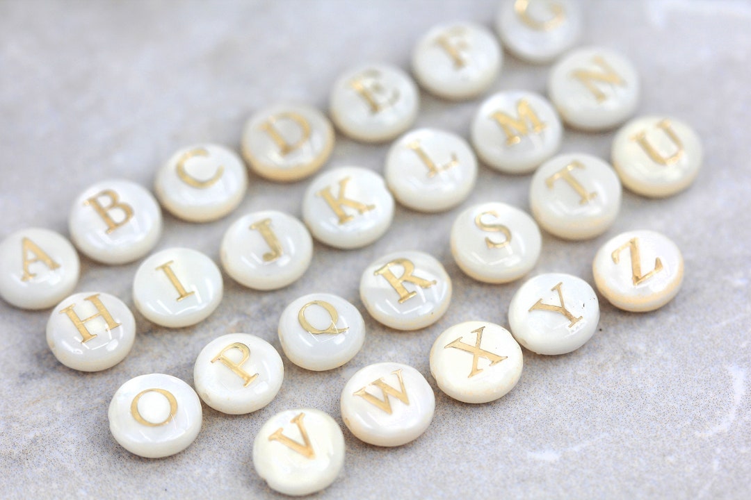 8mm Natural Shell Alphabet Beads With Gold Letters, Double Sided Shell ...