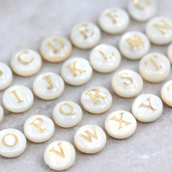 Natural Shell Alphabet Beads with Gold Letters, 8mm Double Sided Shell Initial Charms / SLC-01