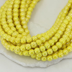 8mm Ceramic Yellow Round Beads Strand, 1 Full Strand 40 pcs, Shiny Dyed Earthenware Beads / CRB8-6