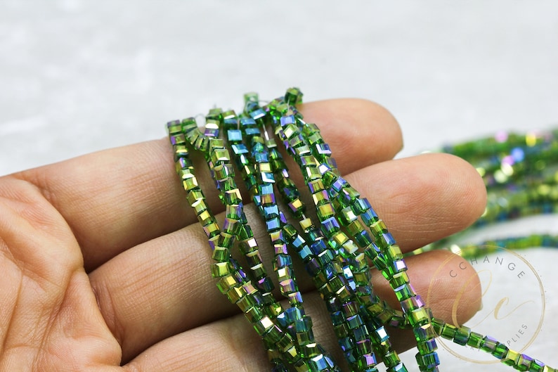 2mm Cube Crystal Bead Bulk Crystal Bead CBC-18 1 Strand Transparent Green Crystal Bead