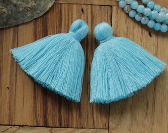 2 pcs Turquoise Blue Cotton Tassels, Handmade Bohemian Jewelry Trim |TAS-L#57
