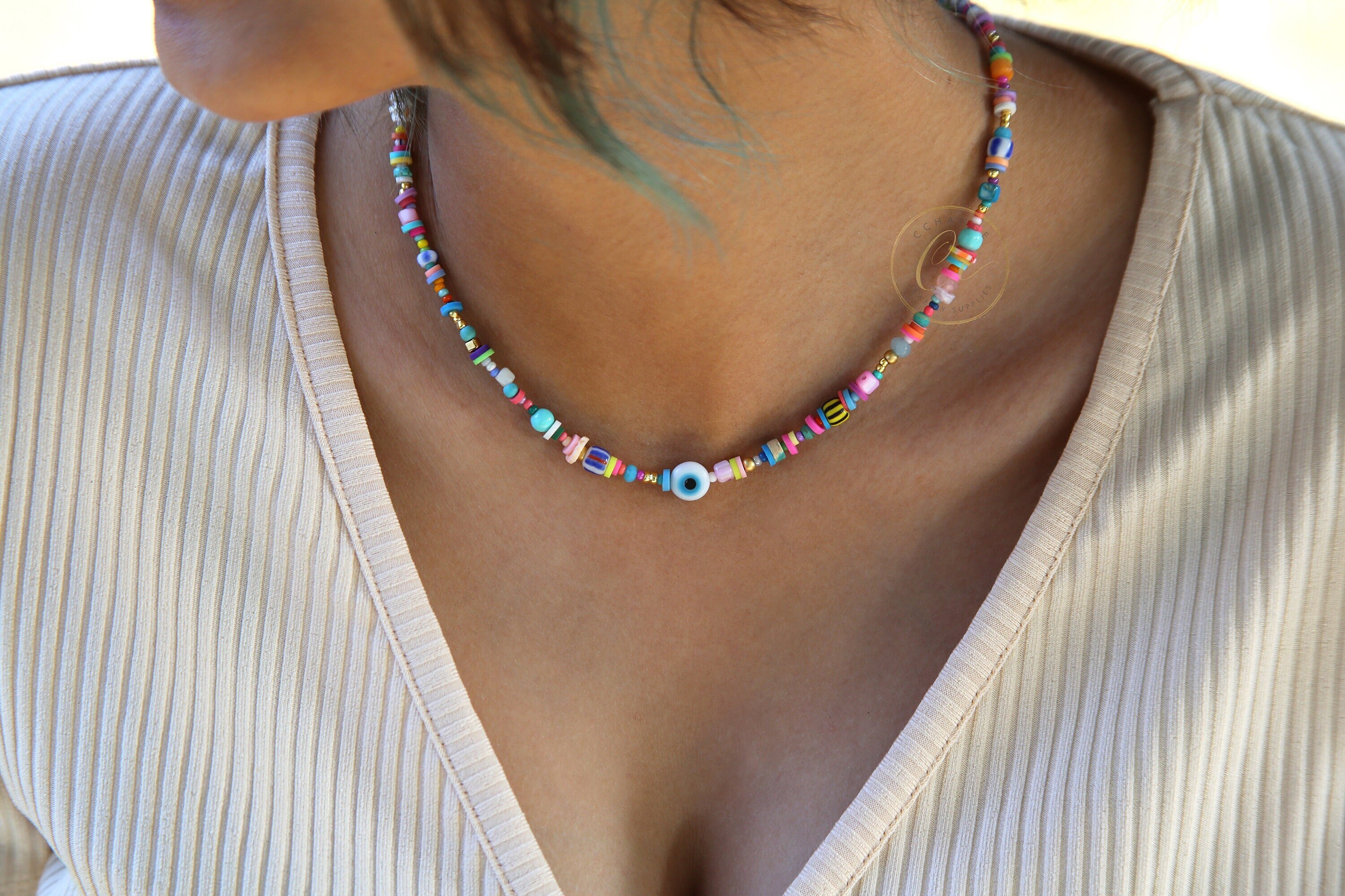 ネックレス・チョーカー Tropical Beads Necklace Tropical Sky Heishi Disk Bead Necklace, Disk Bead Choker