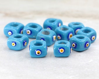 Glass Cube Evil Eye Beads, Large Hole Turquoise Blue Nazar Beads (10mmx8mm) 5 pcs