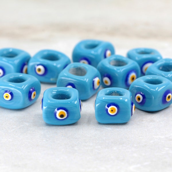 Glass Cube Evil Eye Beads, Large Hole Turquoise Blue Nazar Beads (10mmx8mm) 2 pcs