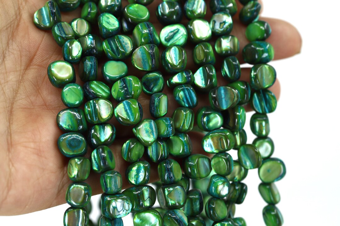 Green Flat Round Asymmetric Shell Beads, 8-9mm Mother of Pearl Beads, 1 ...