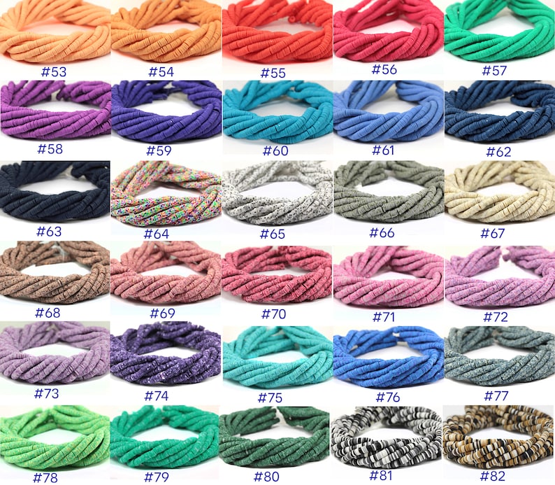 May include: A collection of 20 strands of colorful ceramic beads, each strand is approximately 18 inches long. The beads are made of clay and have a variety of textures and patterns. The beads are numbered from 53 to 82.