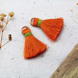 Op de afbeelding: Twee oranje kwastcharms met gouden springringen en groene trim. De kwasten liggen op een witte achtergrond.