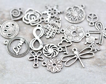 50 pcs Antique Silver Mixed Lot Pendant Charms, Tiny Metal Pendants