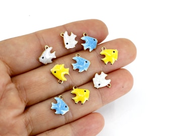 2 pcs Stainless Steel Colorful Tiny Fish Pendant, 10mm Enamel Ocean Charm with Gold Edge, Nautical Jewelry Making Supplies