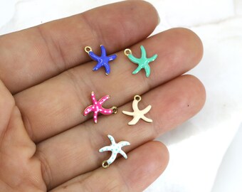 2 pcs Stainless Steel Colorful Tiny Starfish Pendant, 10mm Enamel Ocean Charm with Gold Edge, Nautical Jewelry Making Supplies