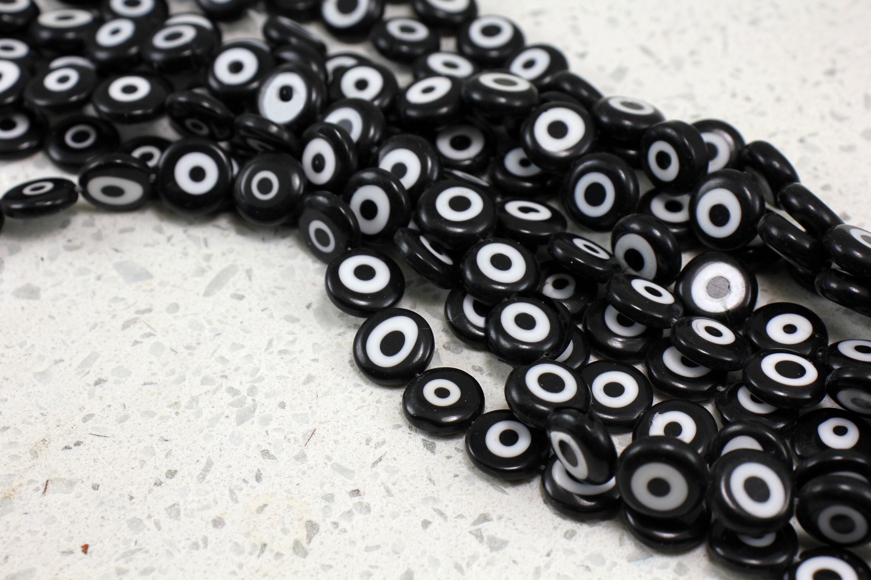 12mm Black Glass Evil Eye Bead, Flat Round Evil Eye Charms / GBE12-6