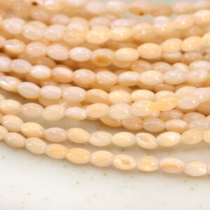 Può includere: Una collana di perle ovali di conchiglia color pesca chiaro. Le perle hanno una finitura liscia e lucida e un leggero bagliore iridescente.