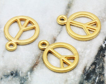 18mm Peace Pendants, Matte Gold Plated Metal Peace Sign Charms 10 pcs / GPY-243