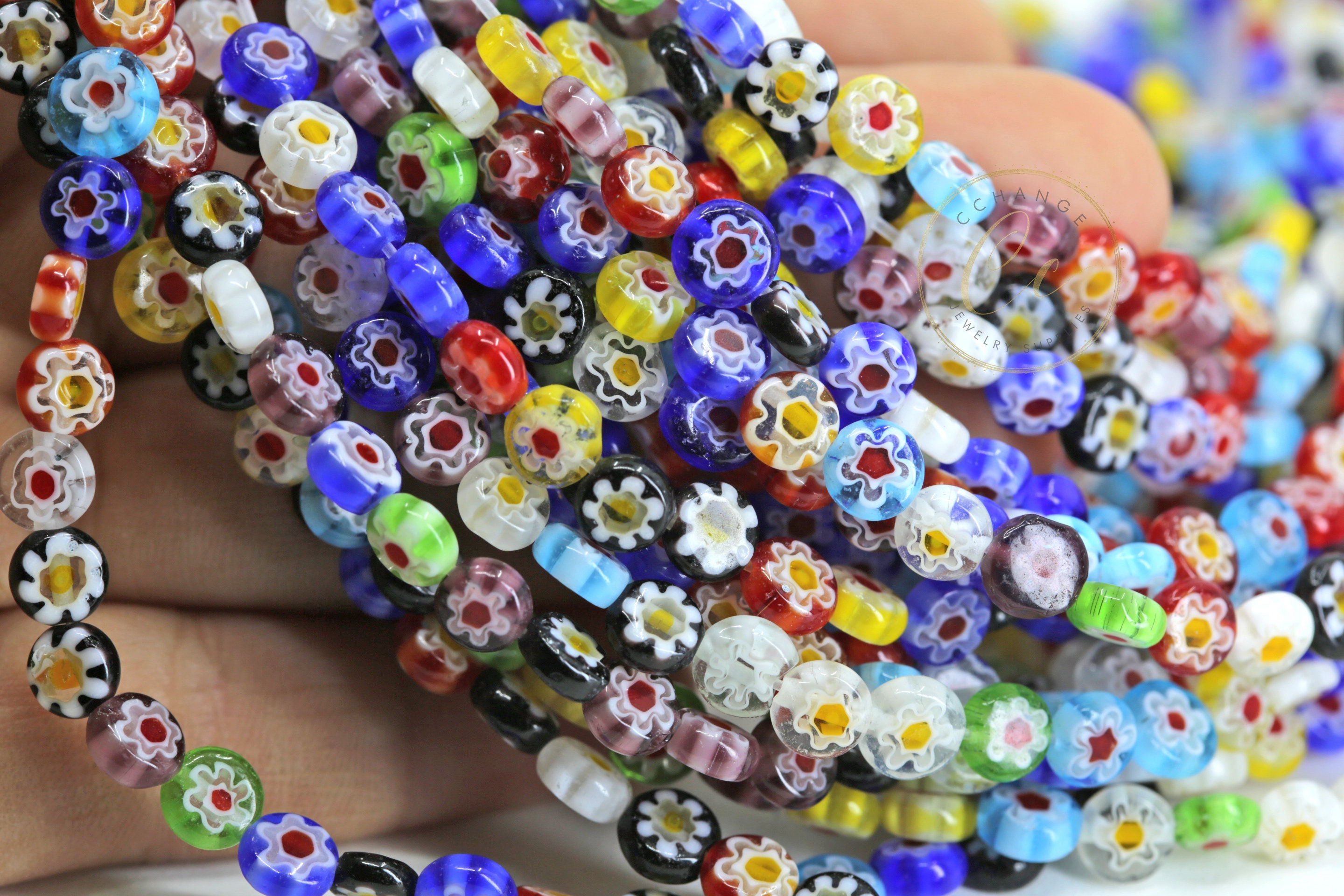 Bestewelry 200 perline rotonde in vetro Millefiori 6 mm modello floreale lampwork distanziatore perline fai da te braccialetto gioielli creazione artigianato, foro: 1 mm
