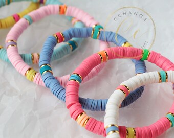 NVENF Braccialetti Heishi Arcobaleno Per Donna: Set Da 8 Perline Elasticizzate In Vinile Africano, Stile Bohémien E Surf, Accessorio Spiaggia Impilabile