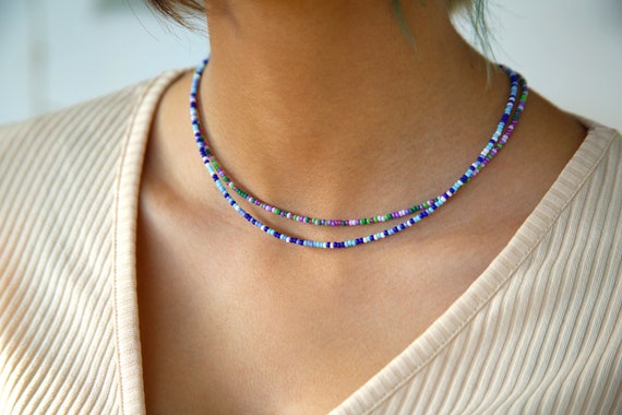 Rainbow Seed Bead Choker Minimalist Beaded Necklace Dainty Seed