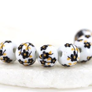 12mm Flower Painted Ceramic Beads, 10pcs Round Floral Ceramic Beads