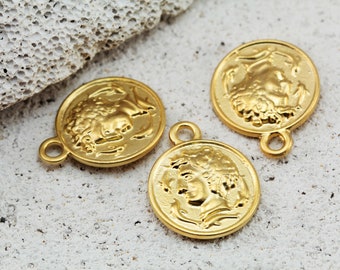 24mm Old Coin Pendants, Matte/Shiny Gold Plated Metal Replica Greek Coins 2 pcs / GPY-516