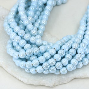 8mm Ceramic Sky Blue Round Beads Strand, 1 Full Strans 40 pcs, Shiny Dyed Earthenware Beads / CRB8-3