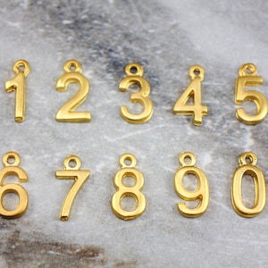 Gold Plated Number Pendant, 16mm Metal Number Charm, 1 2 3 4 5 6 7 8 9 0 Number Pendants 5 pcs / GPL-N